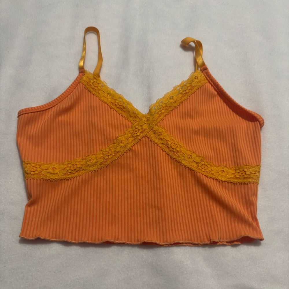 ROMWE Orange and Yellow Lace Trim Crop Top